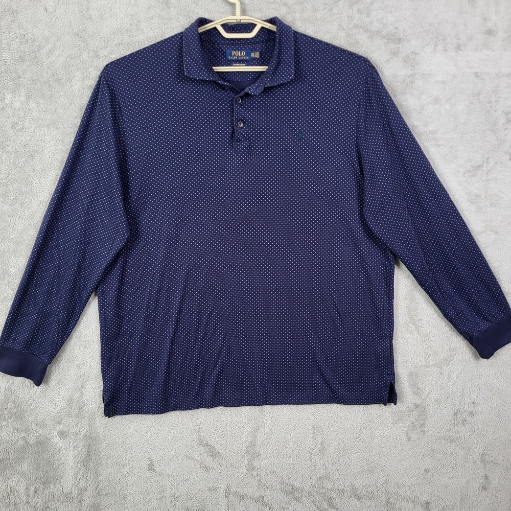 Polo Ralph Lauren Polo Shirt Men Blue 2XL Long Sleeve Micro Dot Custom Slim Fit